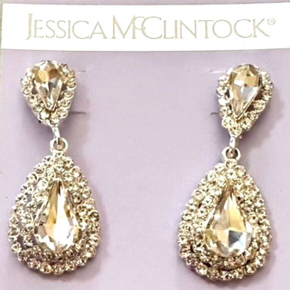 New Jessica McClintock Crystal Dangle Drop Elegant Formal Wedding Earrings - Picture 1 of 3